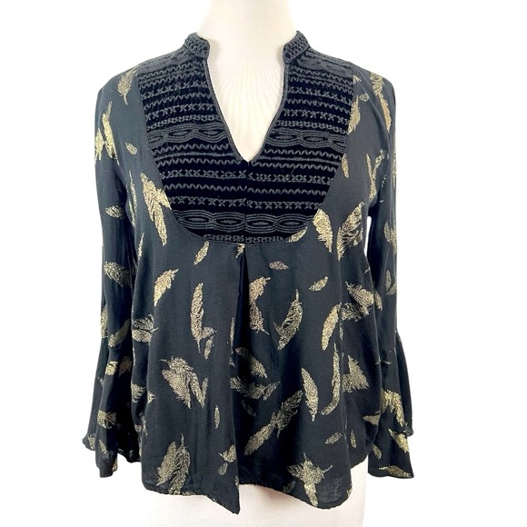 Johnny Was Workshop Womens Velvet Yoke & Metallic Leaf Print Bell Sleeve Top XS - Picture 1 of 10
